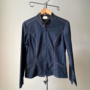 ☀️ Y2K Vintage Dark Blue Jean Jacket with Peplum Waist and Mandarin Collar
